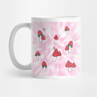 Aesthetic Red Hatted Mushrooms and Butterflies on a Pink Pastel Tie Dye Background Mug